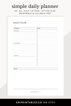 Printable Simple & Minimalist Daily Plan - Instant Download    Work From Home Daily Planner: https://www.etsy.com/sg-en/listing/1215512384  Minimalist To Do List: https://www.etsy.com/sg-en/listing/1221345006  Product information:  • Includes A4, A5, Letter, Half Letter • Includes fillable planner (PDF) for A4 Size only  • Comes with 4 different set of colours   • Text and colours may not be edited  • Room for hole punches on either side  • Perfect for home and office use Daily Planner Simple, Minimalist To Do List, Simple Daily Planner, Daily Organization, Undated Planner, Planner Pdf, Time Management Skills, Planner Set