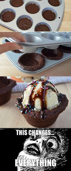 there are three pictures with ice cream and chocolates in the same cupcake pan