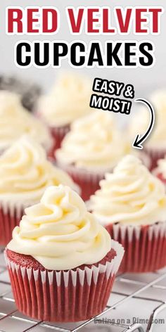 red velvet cupcakes on a cooling rack with the words easy and moist written above them