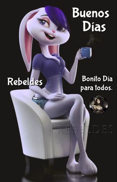 a cartoon bunny sitting on top of a chair holding a cup in its right hand