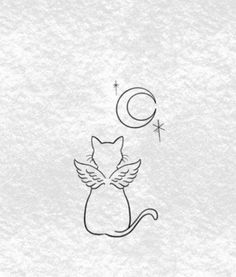 a black and white drawing of a cat sitting on top of a moon with wings