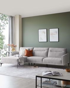 a living room with a gray couch and two pictures hanging on the wall above it