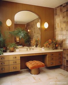 a bathroom with a vanity, mirror and plants on the counter top in front of it