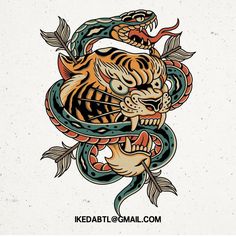 an image of a tiger with a snake on it's back