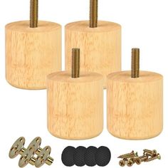 four wooden knobs and two screws are shown