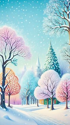 a painting of a snowy landscape with trees and buildings