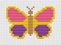 a cross stitch butterfly with pink and yellow wings