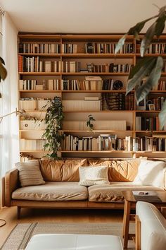 a living room filled with lots of bookshelves next to a couch and coffee table