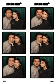 a man and woman posing for a photo booth with their arms around each other's shoulders