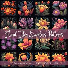 floral seamless patterns with flowers and leaves in the middle, on a black background