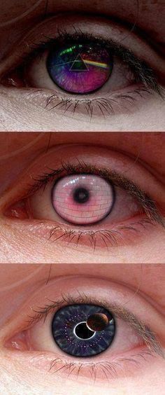 three different colored eyes are shown in this composite image, one is blue and the other is pink