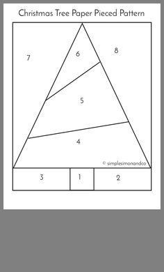 the christmas tree paper pieced pattern is shown in black and white, with numbers below it