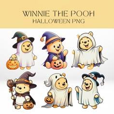 a group of bears dressed up as witches and ghostes for halloween with the words winnie the pooh on them