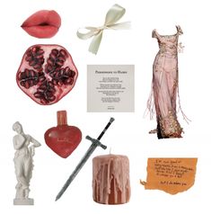 a collage of various items including a statue, heart, cross, and paper