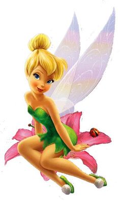 a cartoon tinkerbell sitting on top of a pink flower