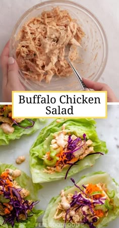 several lettuce wraps filled with chicken, carrots and coleslaw slaw