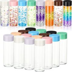 the bottles are filled with different colored confetti and sprinkles in them