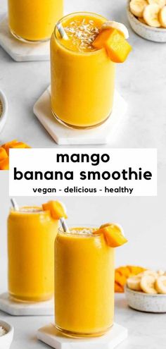 mango smoothie with bananas in the background and text overlay that reads mango banana smoothie vegan delicious healthy