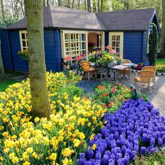 a blue house surrounded by flowers and trees