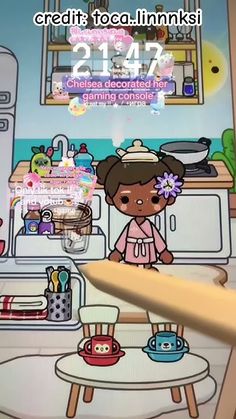 the cartoon girl is cooking in the kitchen