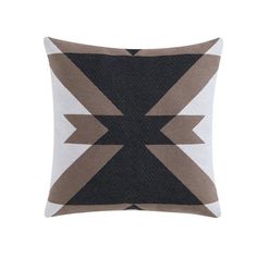 a black and white pillow with an arrow design on the front, sitting on a white background