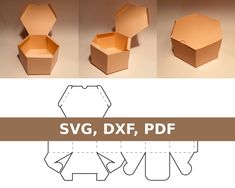 three different views of an open cardboard box with the lid cut out and labeled svg, dxf, pf