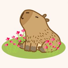 a brown bear sitting on top of a green field next to pink and red flowers