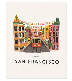 the san francisco card features an image of a street with buildings and flags on it