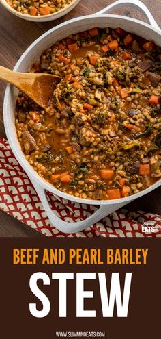 beef and pearl barley stew in a white casserole dish