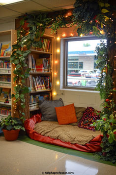 a living room filled with lots of books and plants