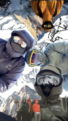 two snowboarders are standing in front of some mountains and looking up at the sky