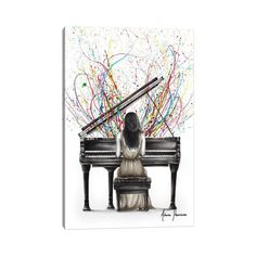 a painting of a woman sitting at a piano with music notes all over her body