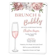 the brunch and bubbly bridal shower party is set up with pink flowers