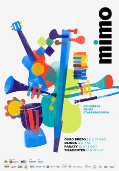 a poster with musical instruments in different colors and sizes, including blue, green, yellow, red, orange, and purple