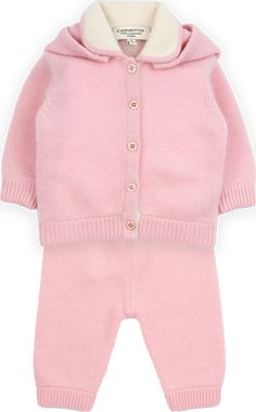 A complete set for baby girls made from 100% cashmere. Featuring a cardigan with a detachable pom-pom hood, a contrasting Peter Pan collar, long sleeves and a button fastening. Wear with the matching leggings for added warmth. Matching Leggings, Leggings Set, Cashmere Cardigan, Pan Collar, Peter Pan Collar, Baby Sets, Peter Pan, Baby Pink