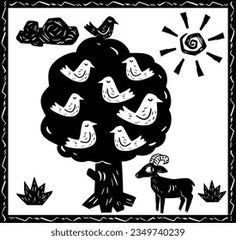 a black and white drawing of birds on a tree