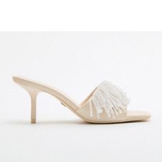 Genuine Zara New With Tag Color: Pearl & Cream Elegant Heels With Fun Pearl Fringe. Looks Great With Jeans Or A Simple Dress. Square Toes, Heel Height 3.5 Inches. Euro Size 41 Pearl Mules, Heels 3 Inch, Pearl Heels, Pearl Fringe, Zara Heels, Elegant Heels, Zara New, Simple Dress, Pearl Cream