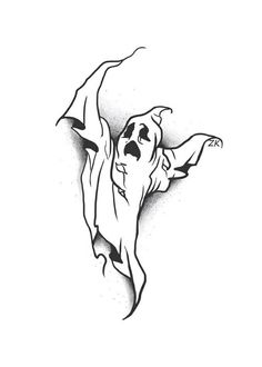 a black and white drawing of a ghost floating in the air with its arms spread out