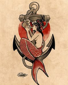 a drawing of a mermaid sitting on top of an anchor