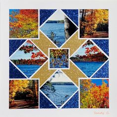 a collage of photos with autumn trees and water in the background