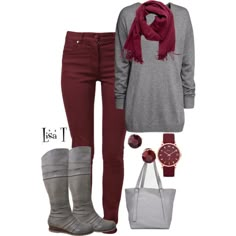 Burgundy Outfit Ideas Winter, Burgandy Outfits For Women Winter, Maroon Pants Outfit Casual, Gray Boots Outfit Winter, Maroon Leggings Outfit Casual, Outfits With Maroon Pants, Outfit With Burgundy Pants, What To Wear With Gray Pants