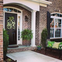 Custom MONOGRAM Door Hanger / BURLAP Bow/ House Warming - Etsy Small Farmhouse Porch, Brown Brick House Exterior, Brick House Exterior Colors Schemes, Brick Exterior Colors Schemes, Brown Brick Houses, Outdoor Porches, Red Brick House Exterior, Red Brick Exteriors, Monogram Door