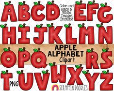 an apple alphabet with green leaves on it