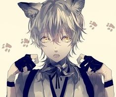 an anime character with cat ears on his head and black suspenders around his neck