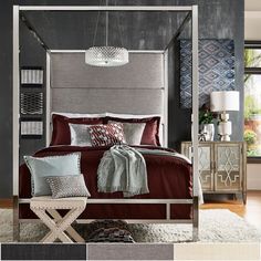 a bed that is in a bedroom with red and gray decor on the wall behind it