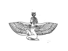 a black and white drawing of a woman sitting on the ground with her wings spread out