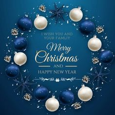 a merry christmas and happy new year greeting card with balls, snowflakes and stars