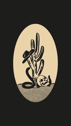 a black and white drawing of a cactus with a skull in the foreground on a dark background