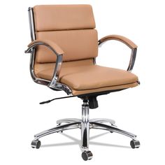 a brown office chair with chrome legs and arms