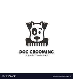 a dog grooming logo with a comb in it's mouth stock photo ©